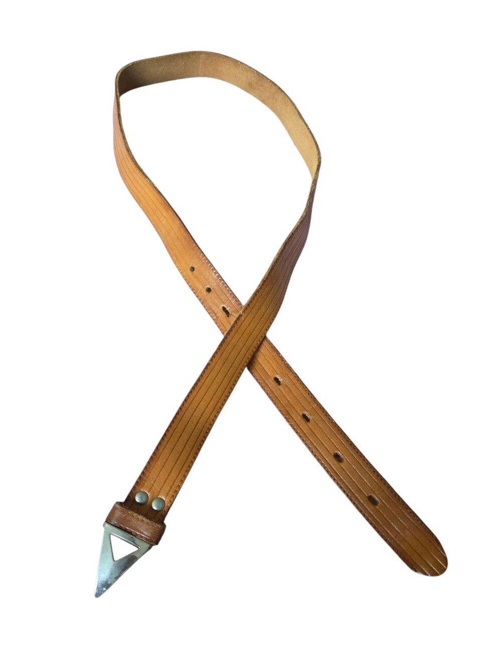Tan Leather Belt with Geometric Metal Tip Buckle Vintage